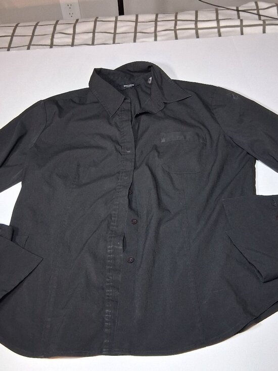Express Tops - Size 13/14 Junior Express Black Stretch Button-Up Long Sleeve Blouse